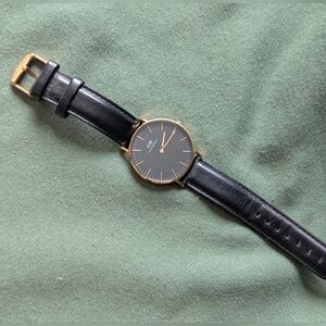 Black Leather Strap Watch with Gold Accents
